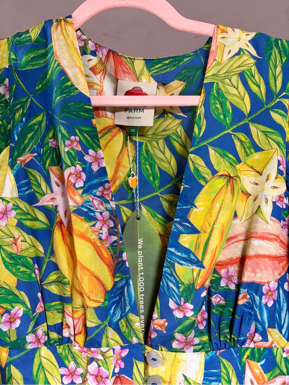 FARM Rio Blue and Yellow Tropical Puff-Sleeve Midi Dress - Picture 8 of 13